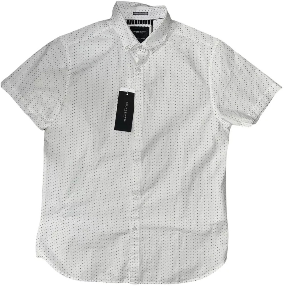 Men’s Denim & Flower Ricky Singh White W/ Black Polka Dot Button Down Size M NWT